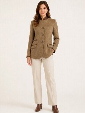 LAUREN RALPH LAUREN Vintage Tan Wool Silk Blend Equesterian Jacket Blazer Sz 10